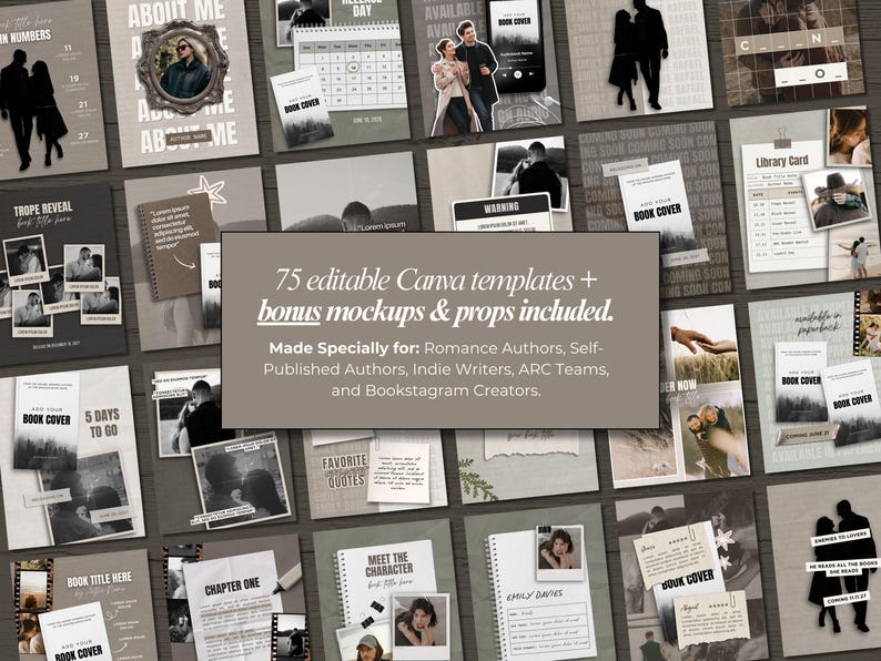 May include: A collection of 75 editable Canva templates with bonus mockups and props. The templates are designed for romance authors, indie writers, and bookstagram creators. The templates feature a neutral color palette with images and text.
