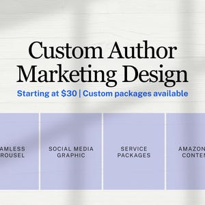 Puede incluir: Un anuncio de servicios de diseño gráfico titulado Custom Author Marketing Design. Presenta cuatro cuadrados de color violeta claro con las etiquetas Seamless Carousel, Social Media Graphic, Service Packages y Amazon A+ Content.