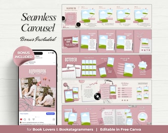 Plantillas de carrusel sin costuras de Bookstagram Plantillas de Canva para publicaciones de Instagram para amantes de los libros Envoltura de lectura y reseña de libros con estética rosa acogedora