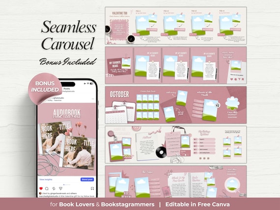 Bookstagram Seamless Carousel Templates Instagram Post Canva Templates for Book Lovers Cozy Pink Aesthetic Reading Wrap & Book Review