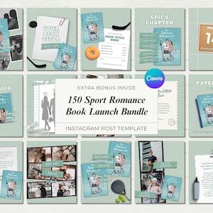 Può includere: Una collezione di modelli di post di Instagram per il lancio di un libro di sport romance. I modelli presentano copertine di libri, foto ed elementi di testo, con uno schema di colori verde acqua, bianco e beige. Il testo include "The Rebound Between Us" e "150 Sport Romance Book Launch Bundle."