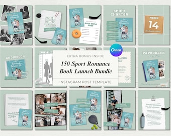Puede incluir: Un conjunto de plantillas de publicaciones de Instagram para el lanzamiento de un libro de romance deportivo. Las plantillas presentan portadas de libros, fotos y elementos de texto, con una combinación de colores turquesa, blanco y beige. El texto incluye "The Rebound Between Us" y "150 Sport Romance Book Launch Bundle."