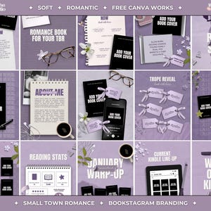 May include: A digital social media template set featuring a soft purple colour palette with various layouts for book reviews, reading stats, and book cover displays. The graphics include text elements like "Mini Review," "Trope Reveal," and "What's on my Kindle?"