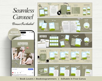Plantillas de carrusel sin costuras de Bookstagram Plantillas de Canva para publicaciones de Instagram para amantes de los libros Envoltura de lectura y reseña de libros con estética verde salvia acogedora