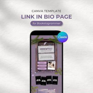 May include: A Canva template for a Link in Bio page for Bookstagrammer displayed on a smartphone screen. The design features a rustic wooden door background, text boxes, a photo frame, and buttons labeled for book lists and book covers.