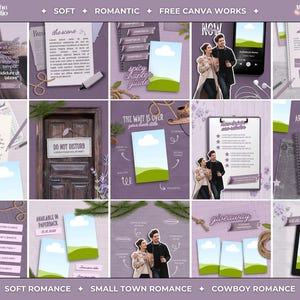 May include: A collection of digital templates with a soft, romantic theme. The templates include book covers, chapter guides, and promotional materials. The color palette is primarily purple and white, with images of couples and landscapes. Text includes "Soft Romance", "Small Town Romance", and "Cowboy Romance".