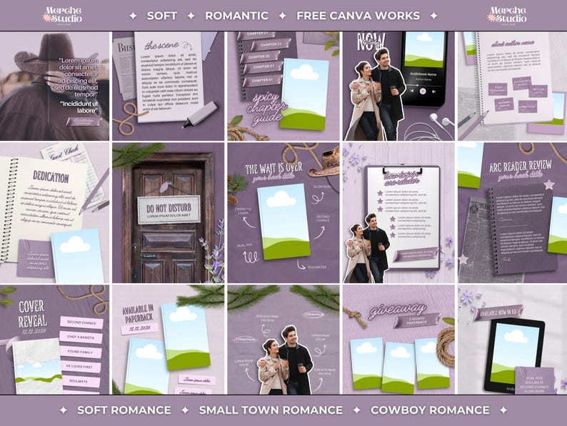May include: A set of digital templates with a romantic theme, featuring a purple and white colour scheme. The templates include book covers, chapter guides, and promotional materials. Images include couples and landscapes. Text includes "Soft Romance", "Small Town Romance", and "Cowboy Romance".