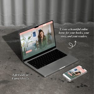 May include: A silver laptop and smartphone displaying a website interface with the text "ARTIN." The laptop screen shows a woman in a green shirt. Text reads "Create a beautiful online home for your books, your story, and your readers." and "Edit Easily in Canva (Free!)."
