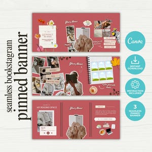 May include: A seamless bookstagram pinned banner design in shades of red, featuring collages of images, text, and illustrations. The design includes the text "Romance Reader", "My Reading Space", and "Your Name". Includes Canva, instant download, and instruction included icons.