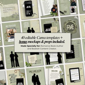Puede incluir: Una colecci&oacute;n de 40 plantillas editables de Canva con fondos verde salvia, marcadores de posici&oacute;n para portadas de libros, siluetas de parejas y varios dise&ntilde;os de texto para autores de novelas rom&aacute;nticas y creadores de contenido.