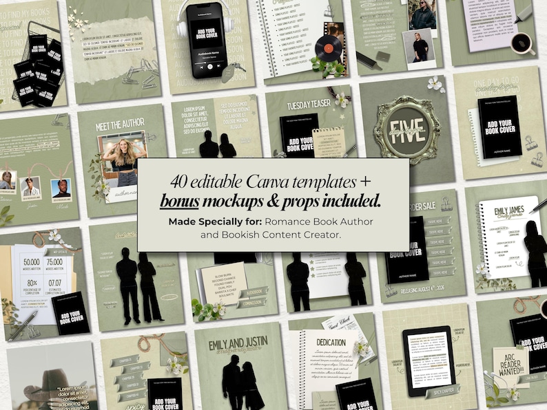Puede incluir: Una colecci&oacute;n de 40 plantillas editables de Canva con fondos verde salvia, marcadores de posici&oacute;n para portadas de libros, siluetas de parejas y varios dise&ntilde;os de texto para autores de novelas rom&aacute;nticas y creadores de contenido.