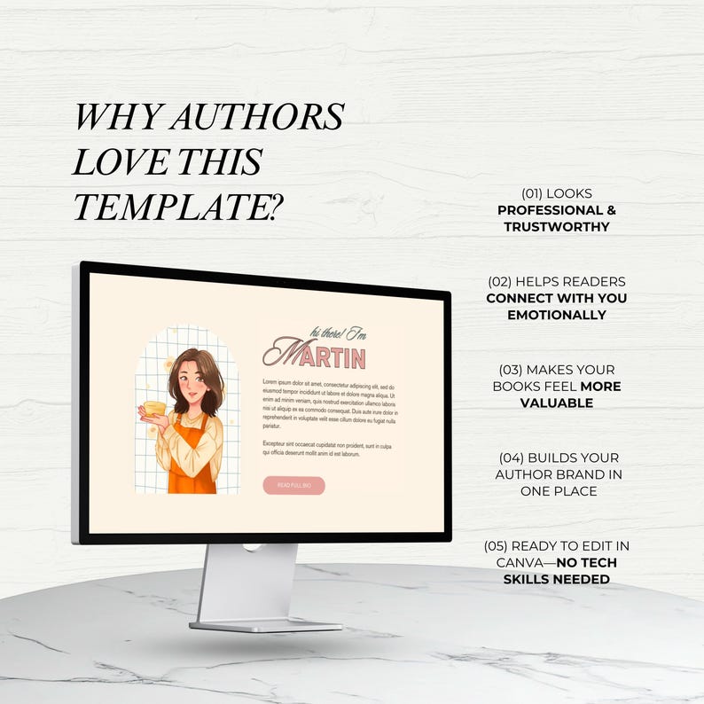 May include: A computer monitor displays a template with the text "Why Authors Love This Template?" and "hi there! I'm MARTIN". The template features an illustration of a person holding a cake. The text also includes "Looks Professional & Trustworthy".