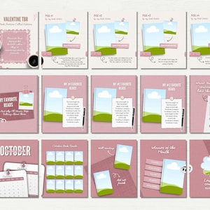 Puede incluir: Un collage digital en rosa y blanco con elementos gr&aacute;ficos. Presenta portadas de libros, calendarios y texto como "Valentine TBR" y "October". El dise&ntilde;o est&aacute; pensado para contenido en redes sociales.