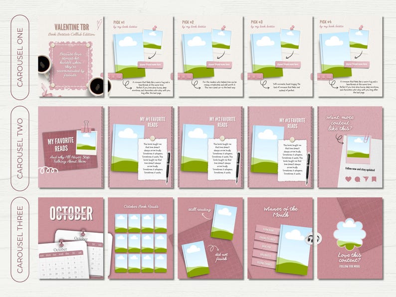 Puede incluir: Un collage digital en rosa y blanco con elementos gr&aacute;ficos. Presenta portadas de libros, calendarios y texto como "Valentine TBR" y "October". El dise&ntilde;o est&aacute; pensado para contenido en redes sociales.