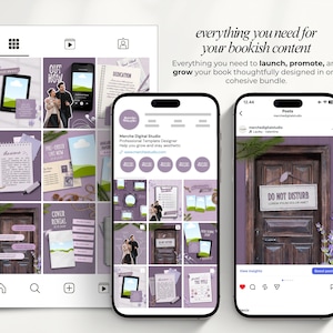 May include: A digital marketing template design displayed on three smartphones and a tablet. The design features a purple and white colour scheme with text that reads "everything you need for your bookish content". The design includes images of a couple, a door, and various book-related elements.
