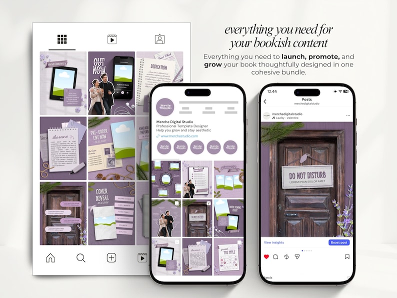 May include: A digital marketing template design displayed on three smartphones and a tablet. The design features a purple and white colour scheme with text that reads "everything you need for your bookish content". The design includes images of a couple, a door, and various book-related elements.