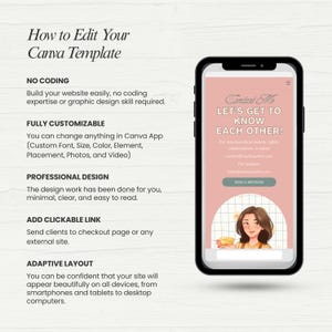 May include: A smartphone displays a website template with the text "Let's Get to Know Each Other!" and "Send a Message." The phone is next to text that reads "How to Edit Your Canva Template" and details about the template's features.