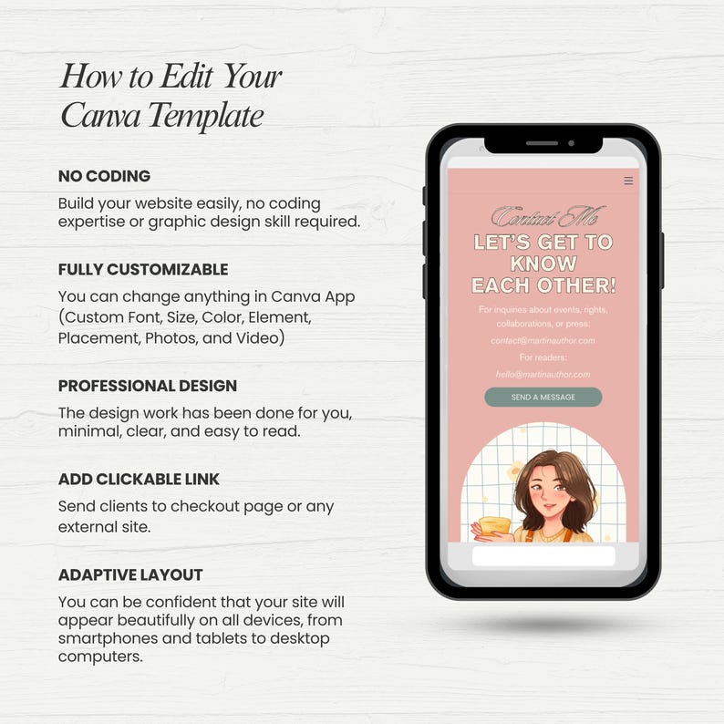 May include: A smartphone displays a website template with the text "Let's Get to Know Each Other!" and "Send a Message." The phone is next to text that reads "How to Edit Your Canva Template" and details about the template's features.