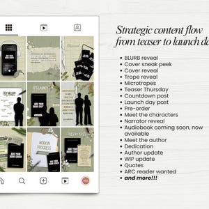 Puede incluir: Una plantilla de cuadr&iacute;cula para redes sociales con nueve dise&ntilde;os de publicaciones en verde salvia y blanco, mostrando contenido de marketing de libros. El texto dice Strategic content flow from teaser to launch day, seguido de una lista.