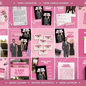 Puede incluir: Un diseño gráfico rosa con varios materiales promocionales para un libro, incluyendo portadas, una lista de reproducción y contadores. El texto incluye "Add Your Book Cover", "Available Now!!!" y "Teaser Thursday."