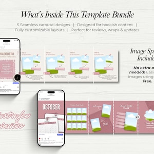 Puede incluir: Un paquete de plantillas digitales que se muestra sobre una superficie de madera blanca. La imagen muestra dos tel&eacute;fonos inteligentes que muestran publicaciones en redes sociales y una serie de dise&ntilde;os de carrusel. El texto incluye "What's Inside This Template Bundle" e "Image Splitter Included".