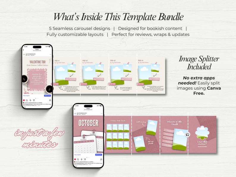 Puede incluir: Un paquete de plantillas digitales que se muestra sobre una superficie de madera blanca. La imagen muestra dos tel&eacute;fonos inteligentes que muestran publicaciones en redes sociales y una serie de dise&ntilde;os de carrusel. El texto incluye "What's Inside This Template Bundle" e "Image Splitter Included".