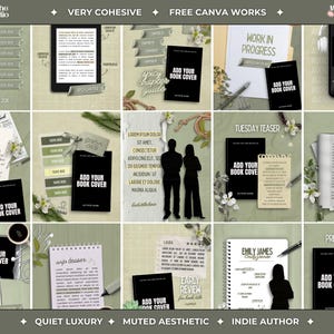 Puede incluir: Una colección de plantillas digitales para redes sociales destinadas a autores, con fondos verde salvia, marcadores de posición para portadas de libros en negro con el texto ADD YOUR BOOK COVER, notas de papel, bolígrafos, siluetas y detalles florales.