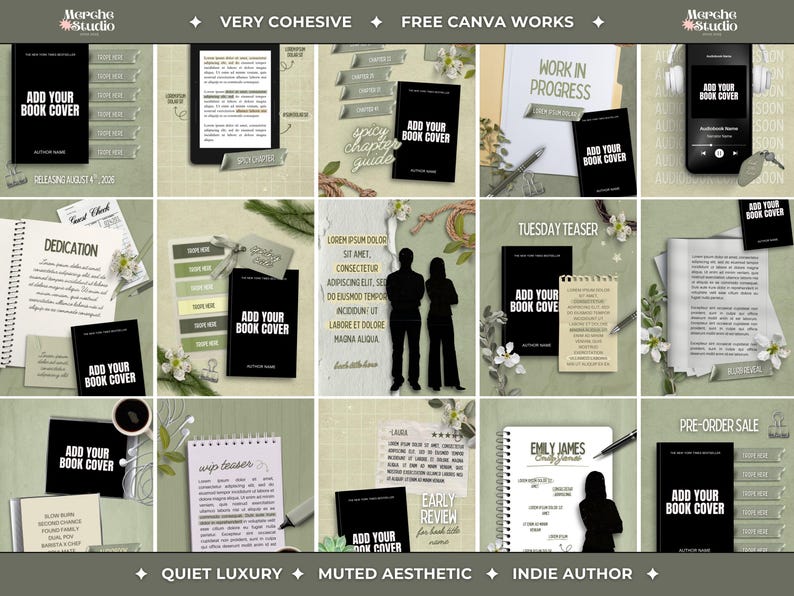 Puede incluir: Una colecci&oacute;n de plantillas digitales para redes sociales destinadas a autores, con fondos verde salvia, marcadores de posici&oacute;n para portadas de libros en negro con el texto ADD YOUR BOOK COVER, notas de papel, bol&iacute;grafos, siluetas y detalles florales.