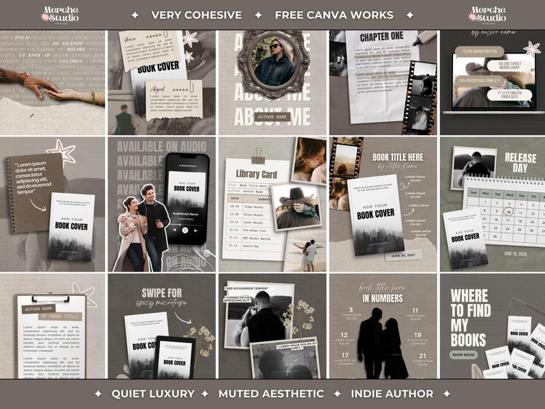 May include: A collage of social media templates with a muted aesthetic. The templates include book covers, a phone with a book cover, a calendar, and a laptop. Text includes "VERY COHESIVE", "FREE CANVA WORKS", "QUIET LUXURY", "MUTED AESTHETIC", and "INDIE AUTHOR".
