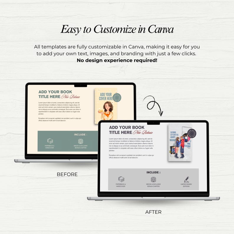 May include: Two laptops display a book template before and after customization. The text "Easy to Customize in Canva" and "No design experience required!" are visible. The template includes options for paperback, ebook, and signed editions.