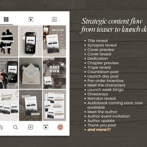 May include: A social media post grid showcasing a book launch strategy. The grid features various promotional graphics, including book covers, phone mockups, and text that reads "Strategic content flow from teaser to launch day."