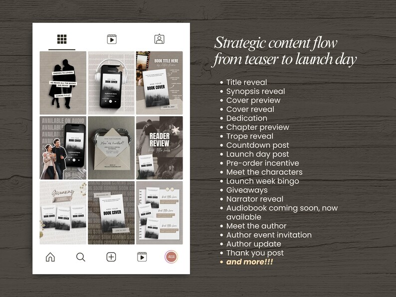 May include: A social media post grid showcasing a book launch strategy. The grid features various promotional graphics, including book covers, phone mockups, and text that reads "Strategic content flow from teaser to launch day."