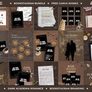 May include: A digital social media template bundle for book promotion featuring dark academia aesthetics. Includes layouts for reading stats, book covers, tropes, and blurbs with placeholders for text and images, wax seals, and stationery elements.