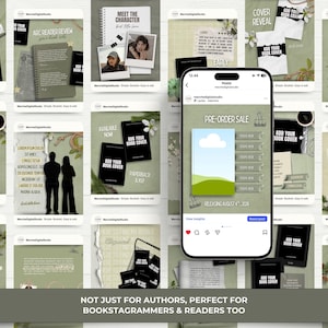 Puede incluir: Un tel&eacute;fono inteligente que muestra una plantilla de publicaci&oacute;n para redes sociales sobre una preventa, rodeado por una cuadr&iacute;cula de varias plantillas de marketing digital con fondos verde salvia y portadas de libros negras.