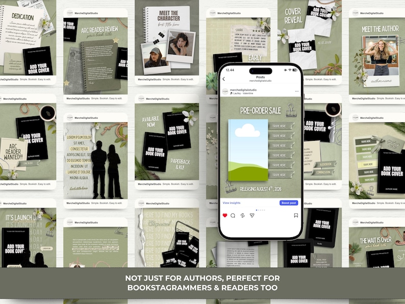 Puede incluir: Un tel&eacute;fono inteligente que muestra una plantilla de publicaci&oacute;n para redes sociales sobre una preventa, rodeado por una cuadr&iacute;cula de varias plantillas de marketing digital con fondos verde salvia y portadas de libros negras.