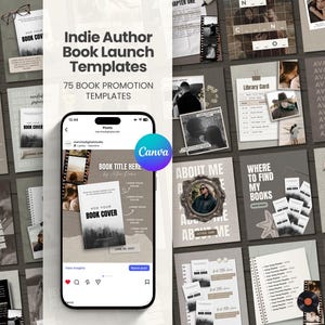 May include: A collection of social media templates for indie authors, featuring various designs for book promotion. The templates include layouts for Instagram posts, book covers, and promotional materials, with a neutral color palette and text overlays.