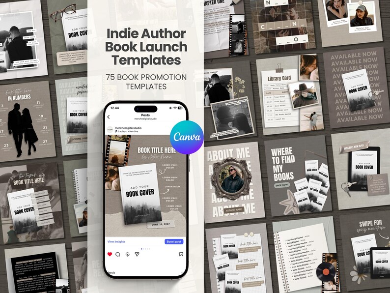 May include: A collection of social media templates for indie authors, featuring various designs for book promotion. The templates include layouts for Instagram posts, book covers, and promotional materials, with a neutral color palette and text overlays.