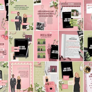 Puede incluir: Una colección de plantillas de marketing digital para promoción de libros con ilustraciones de una persona en traje y una persona en vestido negro, portadas de libros, calendarios, papelería, flores y una cámara instantánea rosa.