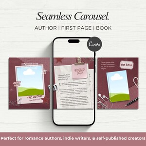 May include: A digital mock-up of a phone with three square images. The images feature a book theme with text that reads "the author", "the first page", and "the book". The Canva logo is visible. The background is a light wood grain.
