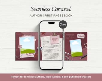 May include: A digital mock-up of a phone with three square images. The images feature a book theme with text that reads "the author", "the first page", and "the book". The Canva logo is visible. The background is a light wood grain.
