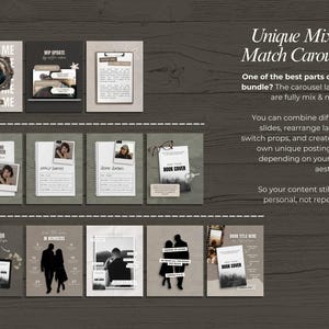 May include: A collection of social media templates with a neutral color palette. The templates include text overlays such as "About Me," "WIP Update," and "Book Cover." The design incorporates photos, notebooks, and silhouettes.
