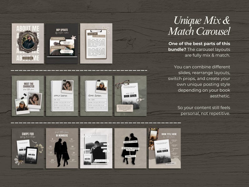 May include: A collection of social media templates with a neutral color palette. The templates include text overlays such as "About Me," "WIP Update," and "Book Cover." The design incorporates photos, notebooks, and silhouettes.