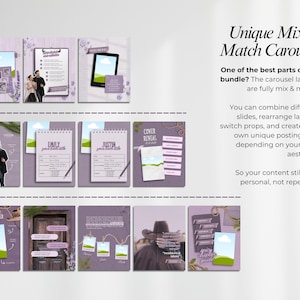 May include: A lavender-themed carousel layout design featuring images of a couple, a cowboy hat, a tablet, and a notepad. The design includes the text "Unique Mix & Match Carousel" and "COVER REVEAL".