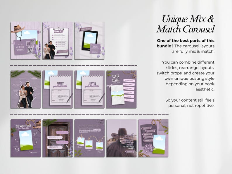 May include: A lavender-themed carousel layout design featuring images of a couple, a cowboy hat, a tablet, and a notepad. The design includes the text "Unique Mix & Match Carousel" and "COVER REVEAL".