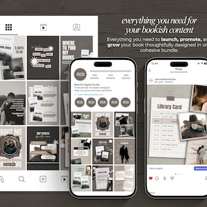 May include: Three smartphones displaying Instagram posts with a bookish theme. The posts feature book covers, quotes, and templates. Text on the image reads "everything you need for your bookish content" and "Everything you need to launch, promote, and grow your book thoughtfully designed in one cohesive bundle."