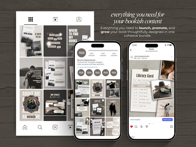 May include: Three smartphones displaying Instagram posts with a bookish theme. The posts feature book covers, quotes, and templates. Text on the image reads "everything you need for your bookish content" and "Everything you need to launch, promote, and grow your book thoughtfully designed in one cohesive bundle."
