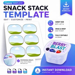以下が含まれることがあります： 編集可能なグラフィックを備えた、"SNACK STACK TEMPLATE"というタイトルのCanvaテンプレート。デザインには、風景デザインの6つの楕円形のラベルのシートと、ベリーのイラストが描かれた"BERRY BLAST"というラベルのコンテナが含まれています。シートサイズは21.59 cm x 27.94 cmです。