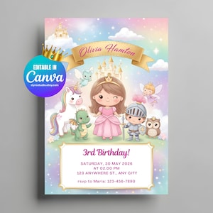 May include: A whimsical invitation for a 3rd birthday party, featuring a princess, knight, unicorn, dragon, fairy, and owl. The design includes a castle, clouds, and a rainbow background. Text includes the name "Olivia Hamton" and party details.