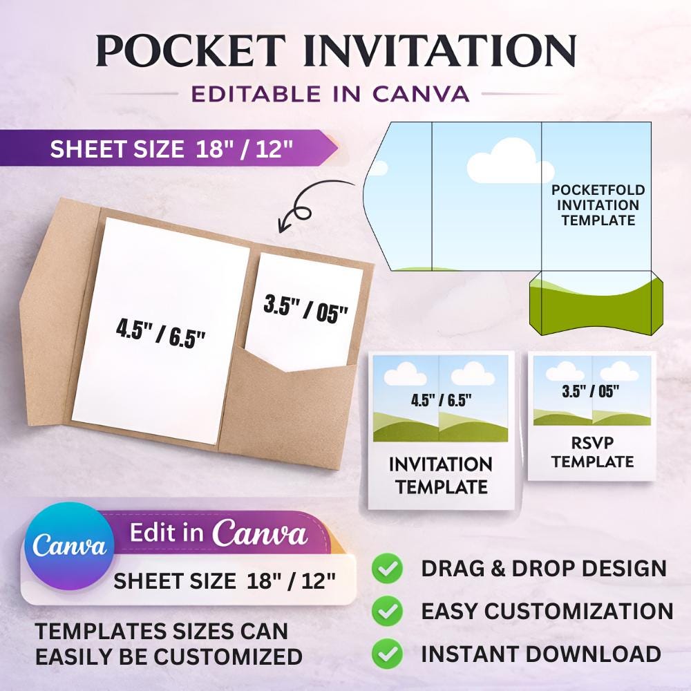 Pocket Fold Invitation Template, Editable Canva Pocket Invitation, 18 X ...