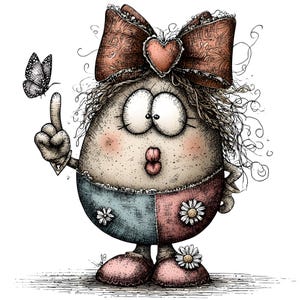 Può includere: Illustrazione di un personaggio dei cartoni animati stravagante a forma di uovo, adornato con un grande fiocco con un cuore e un abito bicolore. Una farfalla svolazza vicino al dito alzato del personaggio. L'illustrazione ha uno stile disegnato a mano con ombreggiature dettagliate e accenti floreali.